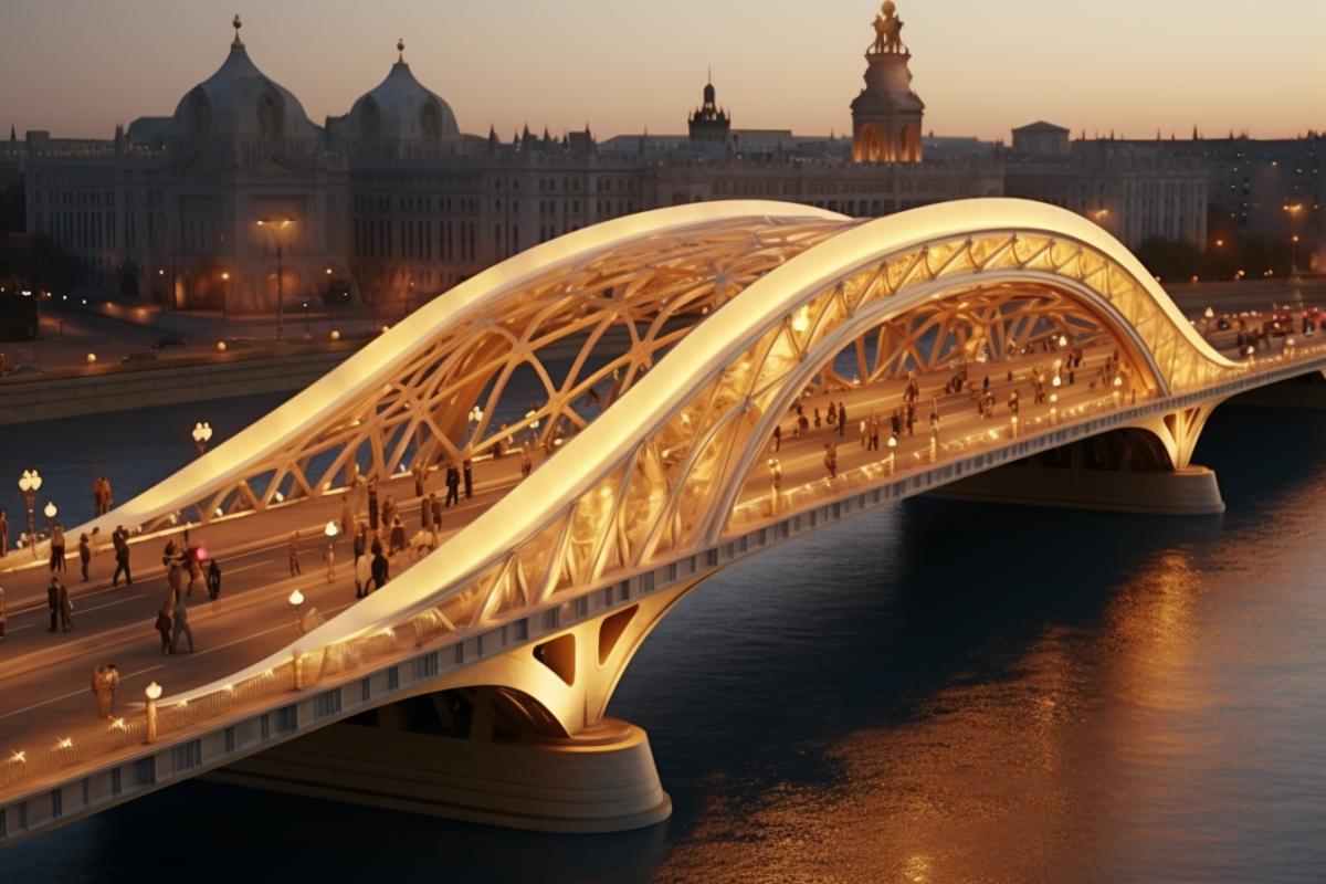 amazingly beautiful bridge across the river, built up with beautiful buildings in the Art Nouveau style, of various heights, bizarre window and roof shapes, with turrets and spiers, evening ancient cozy city, light from windows, shop windows and stars, beauty and harmony, comfort, tranquility and joy