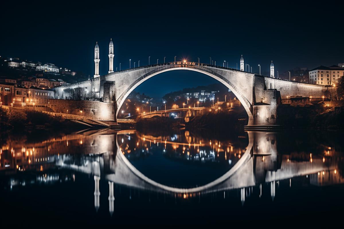 An amazingly beautiful bridge in the ancient city of Echo, on this bridge there are quaint houses, shops with illuminated shop windows and signs, ancient street lamps are glowing, people in beautiful medieval outfits are walking