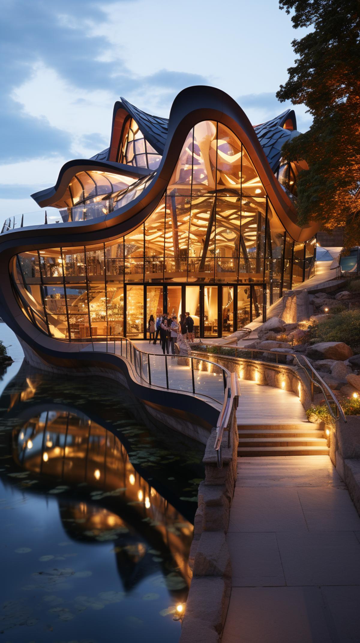 futuristic Exterior of a building, gothic, neon, neoclassical and dark violet and dark gold, light silver, obsidian, lakeshore, maximalist, and the reflection in river