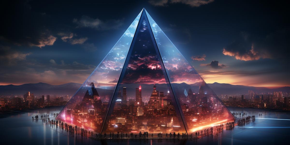 A huge glpyramid stands in the center of the metropolis, on each floor theresa with rich vegetation, in the panoramic windows neon light, future, hologram effect, ultra realistic, hyper details, 8k