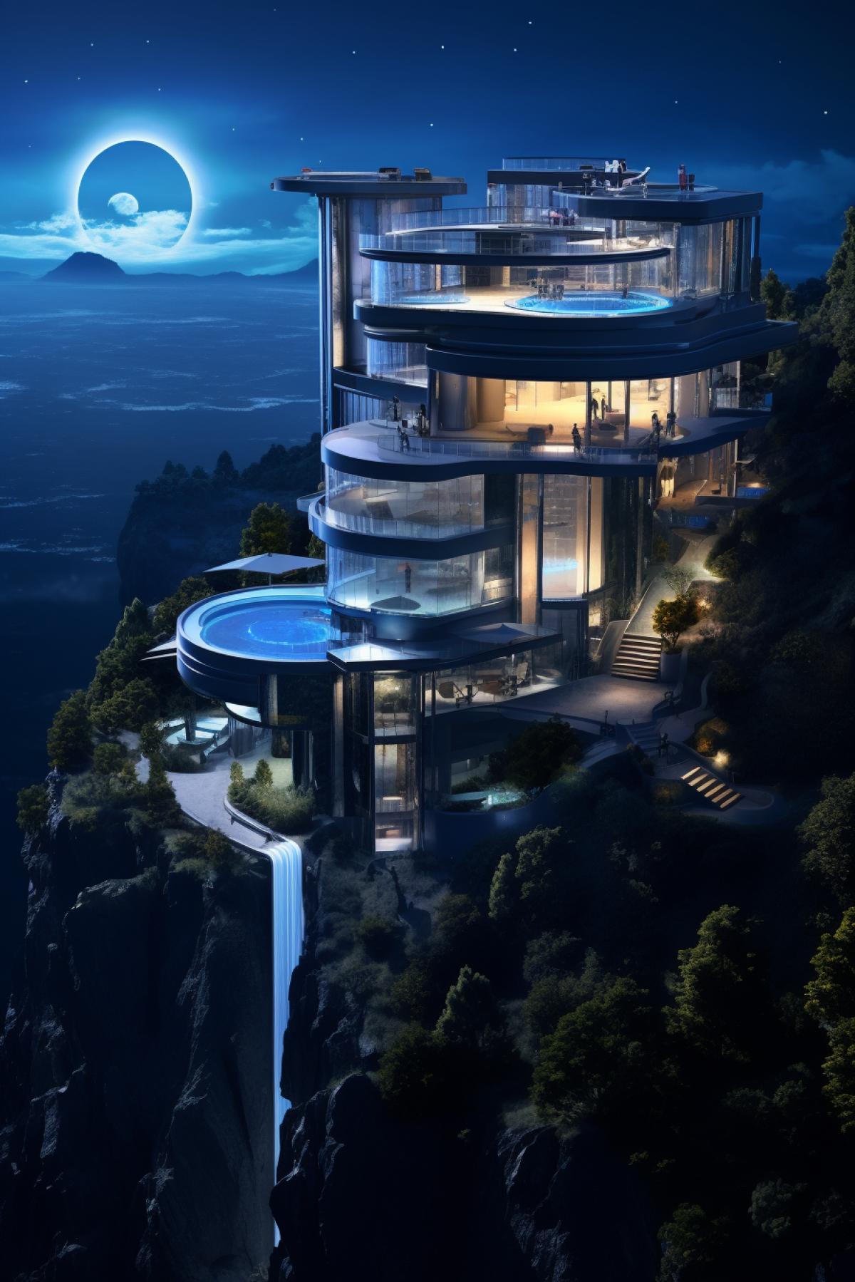 A high-tech mansion in an original exemertal futuristic architectural style with a blue neon illuminated facade standing on high cliffs on a bright moonlit night