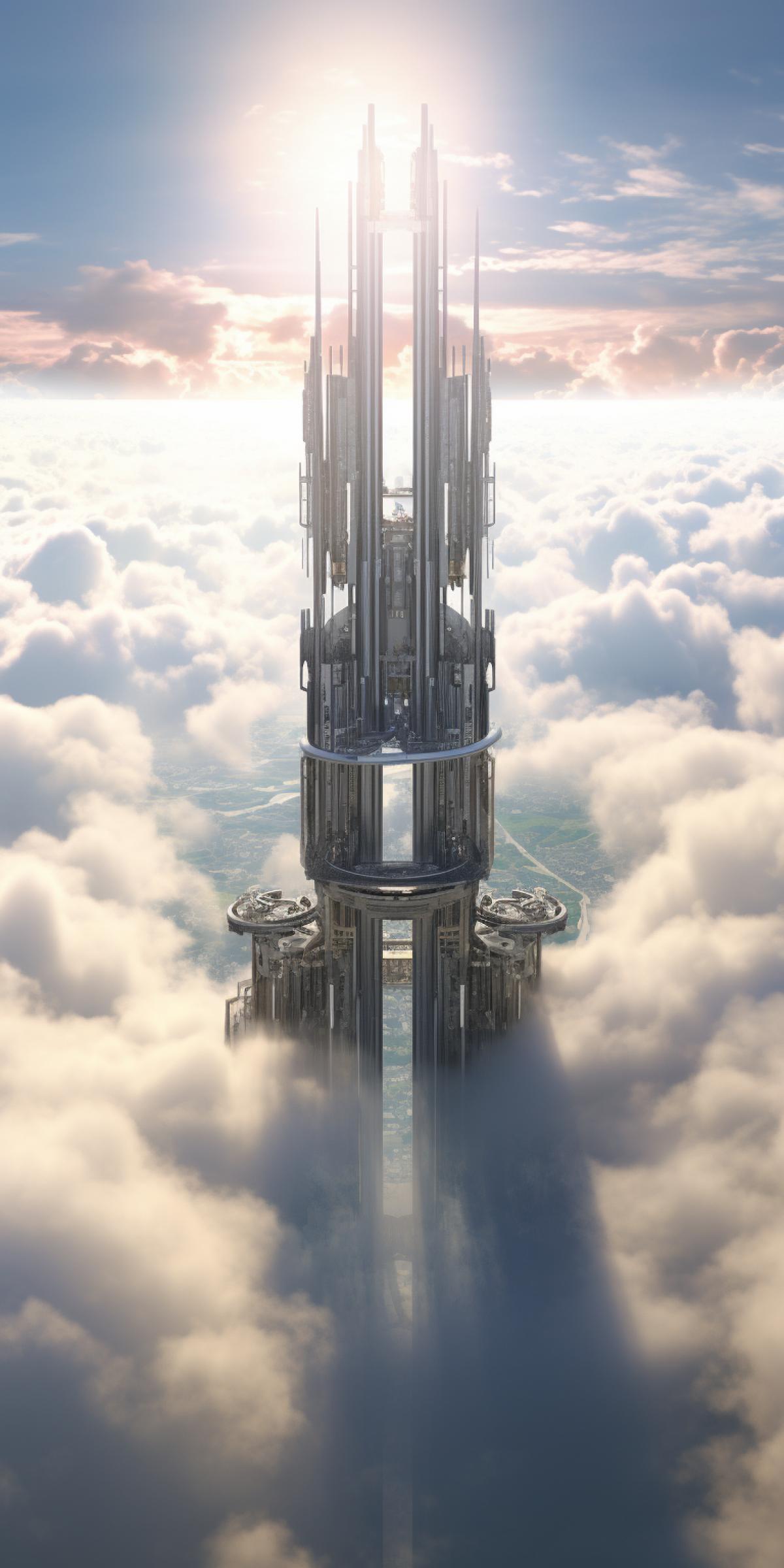 a skyscraper with a broken design in a high-tech style entwined with many glbridges rising above the clouds, brightly flooded with sunlight, photograph from a helicopter