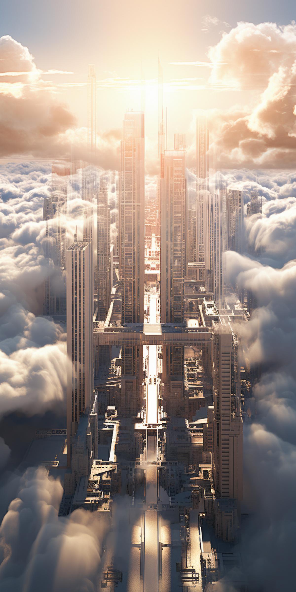 A group of skyscrapers of broken design in the cubist style interconnected by many bridge crossings towering above the clouds, bright blinding flood of sunlight, photograph from a helicopter