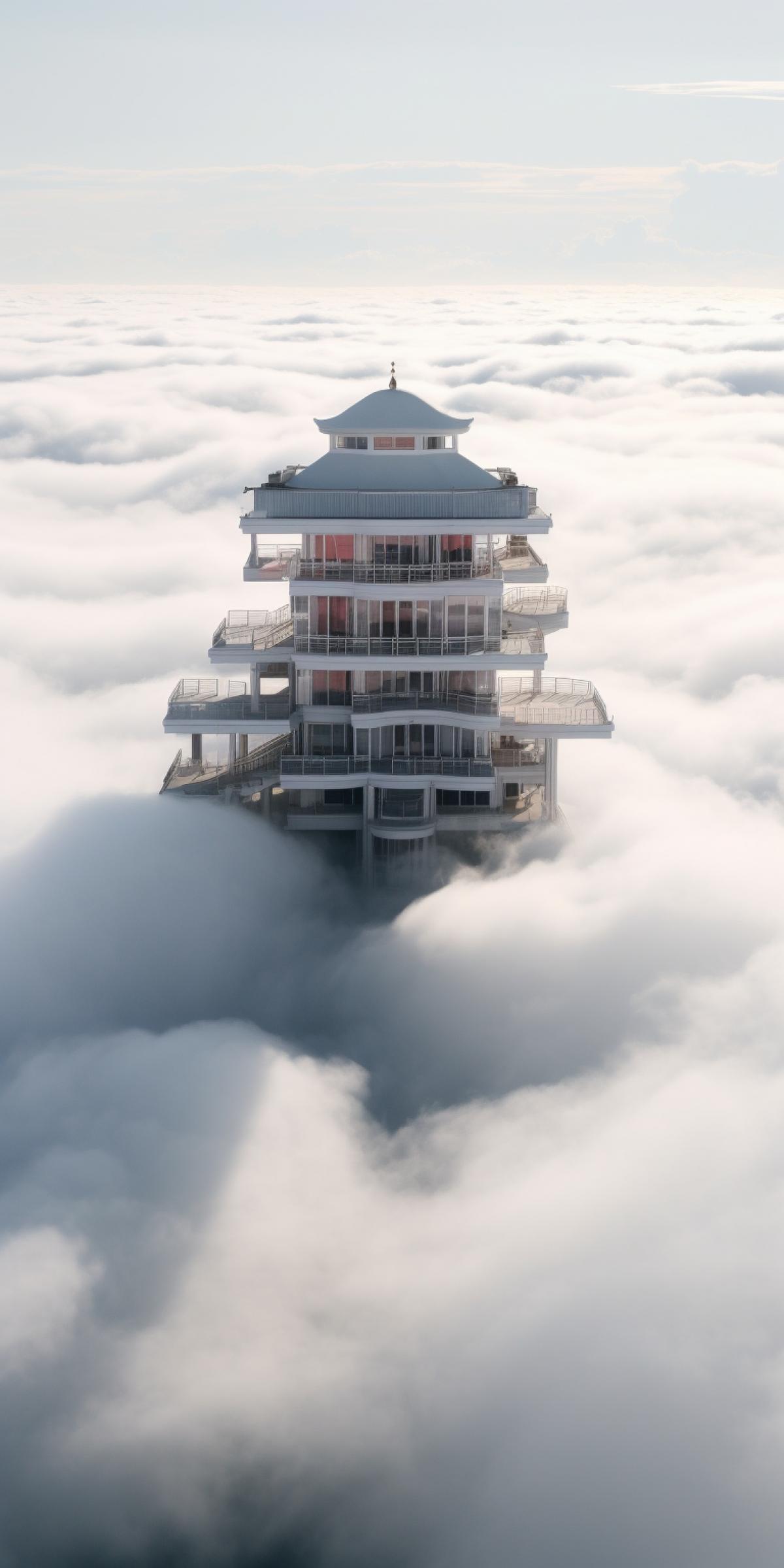 A mansion in the Japanese high-tech style, combining traditionalism and futuristic minimalism, stands high on thick clouds, photo from a helicopter
