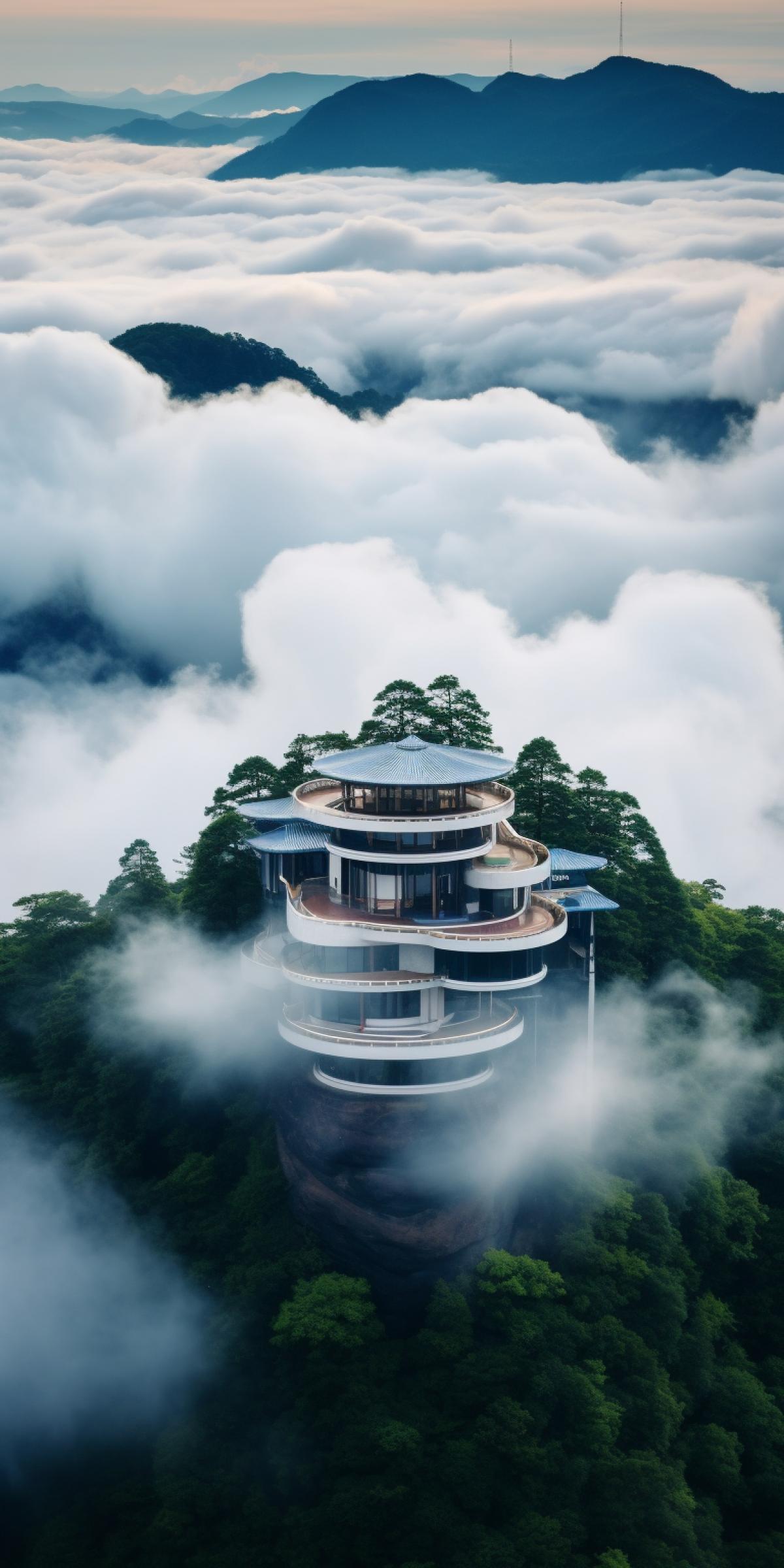 A mansion in the Japanese high-tech style, combining traditionalism and futuristic minimalism, stands high on thick clouds, photo from a helicopter