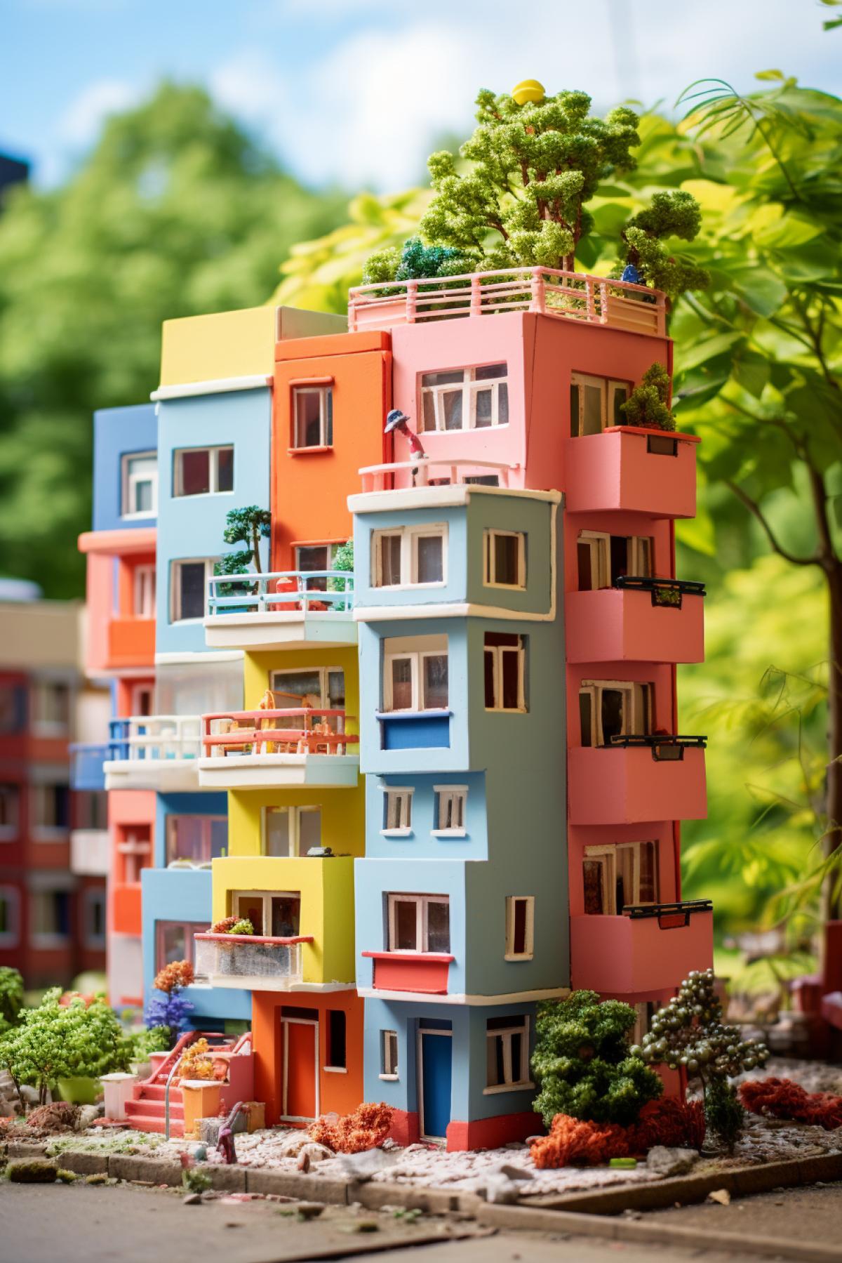 An apartment building made of colored plasticine standing on the outskirts of the city, summer weather, photograph for an architectural magazine
