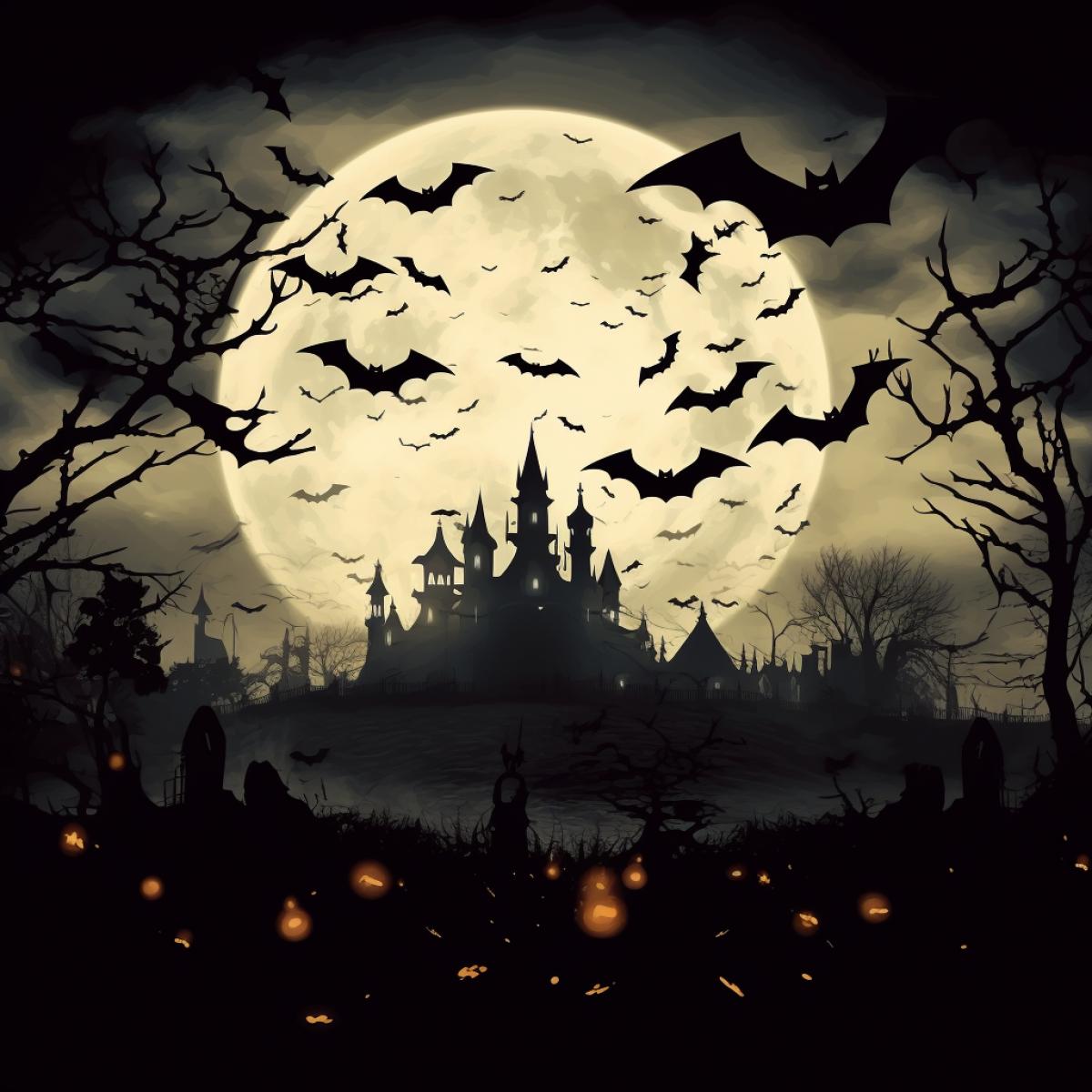 halloween scene, big moon in sky, the moon is a pumpkin, bat silhouettes, witch silhouette, uhd, very detailed