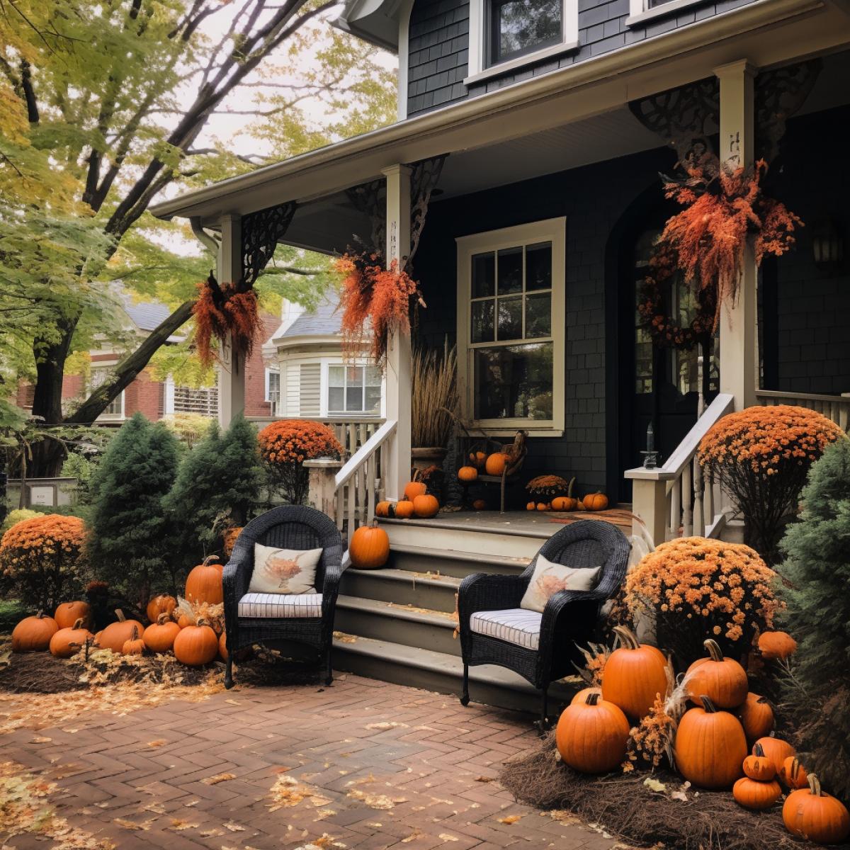 front porch with Halloween decorations, autumn aesthetic, cool fall day