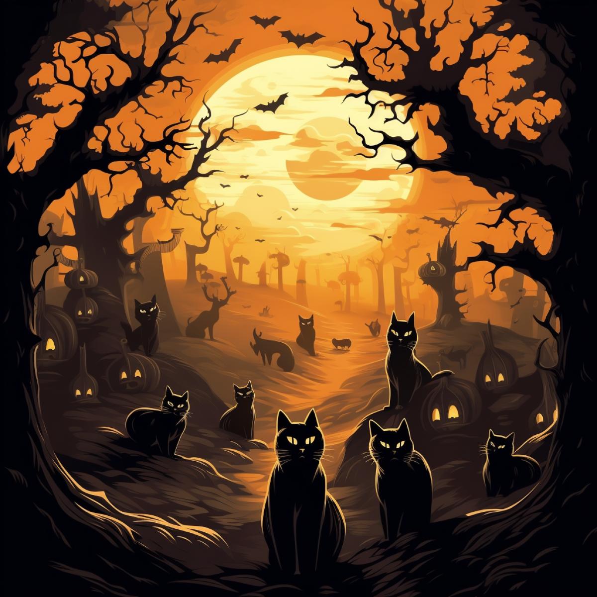 dark and white cats and witches on an orange background, halloween wallpaper with ghosts, cat theme banner, spooky halloween theme, spooky halloween night, halloween art style, spooky halloween fun, october, scary magical background, trick or treat, halloween decorations, gothic background, halloween night, halloween atmosphere, cats, dark cats