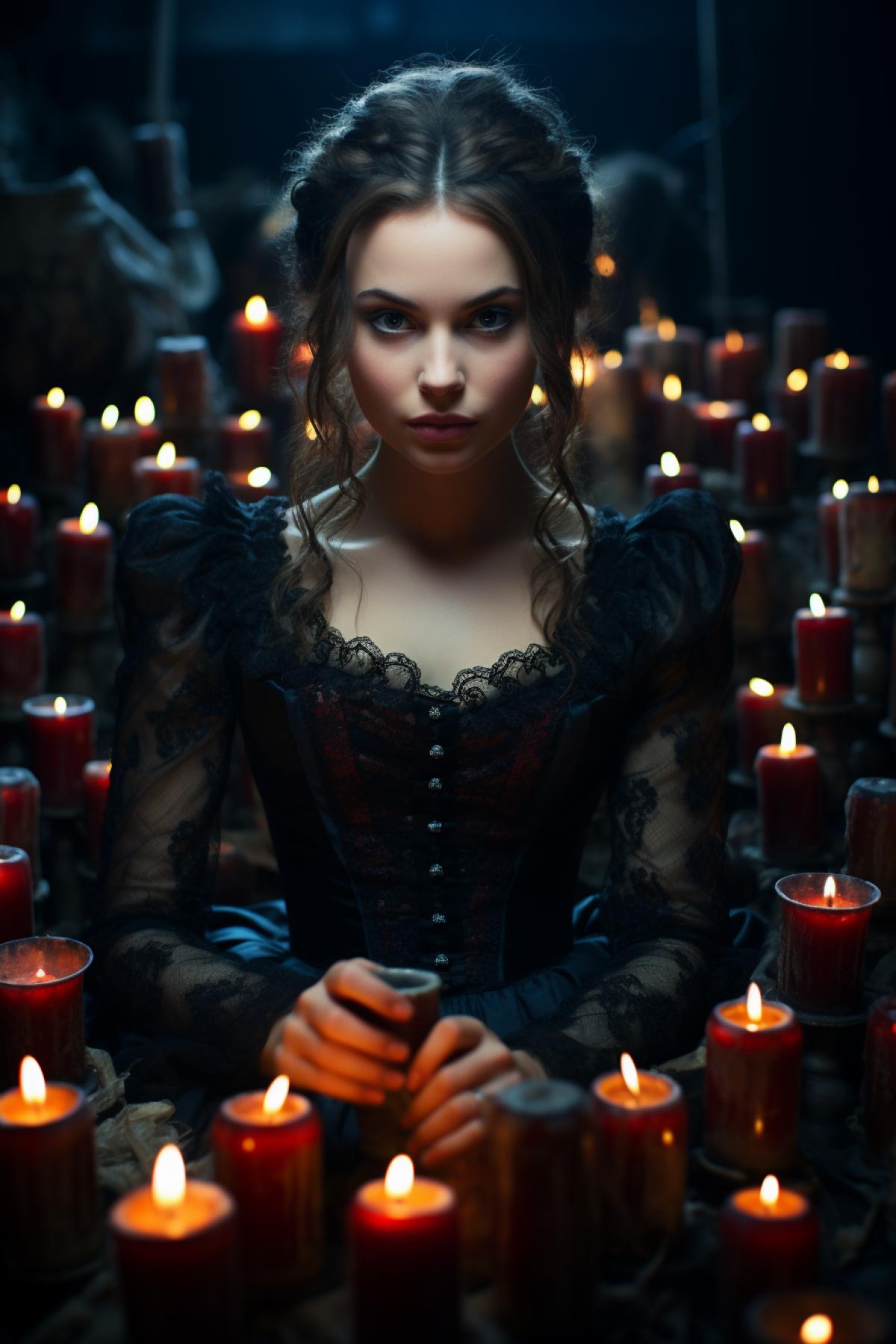 terrifying glamour shot of the vampire woman with very pale skin incredible bright eyes and dark flowing hair with an ornate goblet of red wine, evil smile full of madness and insanity, candlelight at night, surrounded by evil creatures, ghosts and deamons, spooky nightmare ambient, horrific and powerful and dark scene, shocking victorian horror atmosphere, tilt-shift lens, award-winning horror photography, tilt angle perspective, dreamlike candlelight, hyper-detailed, emphasis on detail, beautifully color-coded, photorealistic, intense shading, clean sharp focus, depth of field, dynamic angle, dynamic com4k