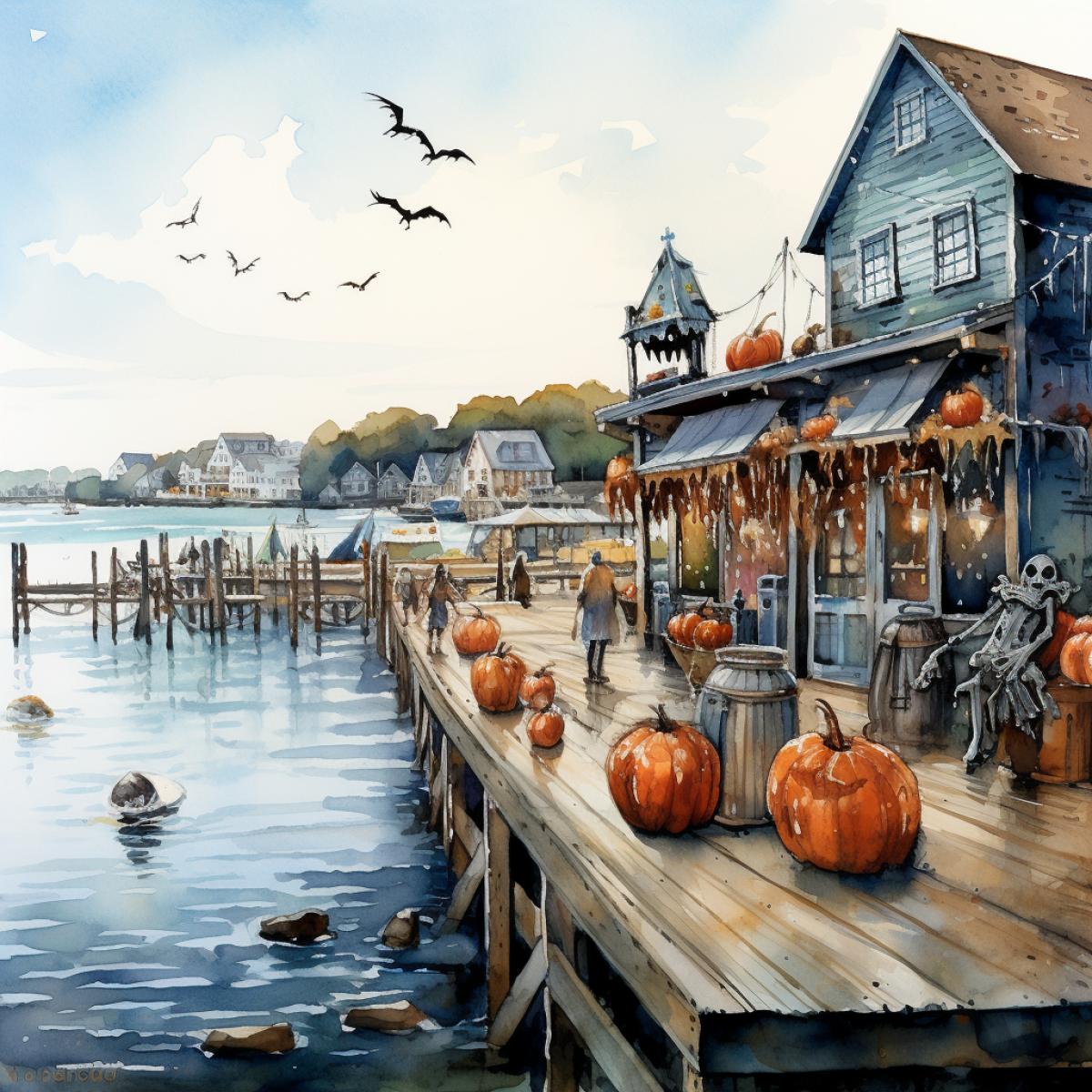 watercolor painting of Trickortreating at Mystic Sea Port on Halloween thalassocore new England Shoreline aesthetic ar Image