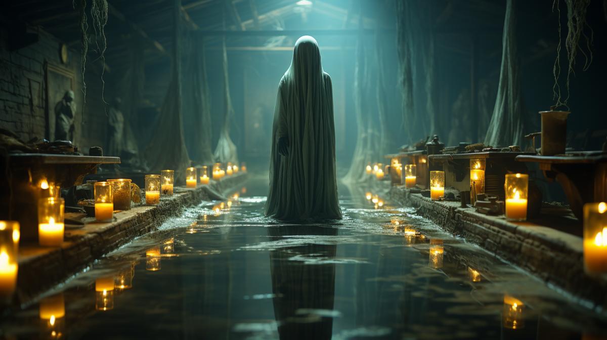 terrifying shot of a creepy ghost appearing in a mirror in a room where no one is present, focus on the spooky ghost reflected in the mirror, shocking victorian horror atmosphere, tilt-shift lens, award-winning horror photography, tilt angle perspective, dreamlike candlelight, hyper-detailed, emphasis on detail, beautifully color-coded, photorealistic, intense shading, clean sharp focus, depth of field, dynamic angle, dynamic com4k