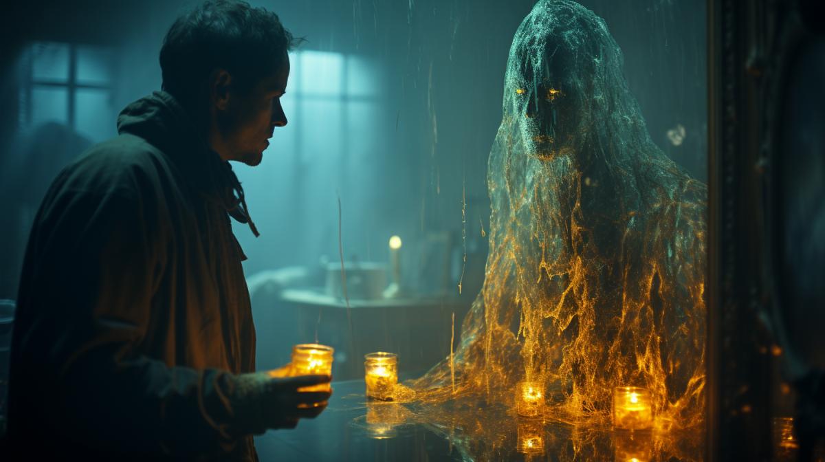 terrifying shot of a creepy ghost appearing in a mirror in a room where no one is present, focus on the spooky ghost reflected in the mirror, shocking victorian horror atmosphere, tilt-shift lens, award-winning horror photography, tilt angle perspective, dreamlike candlelight, hyper-detailed, emphasis on detail, beautifully color-coded, photorealistic, intense shading, clean sharp focus, depth of field, dynamic angle, dynamic com4k