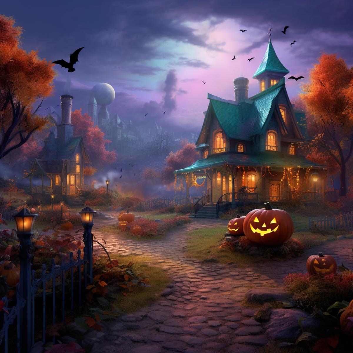 halloween homestead in style of Thomas Kinkade, 8k, spooky