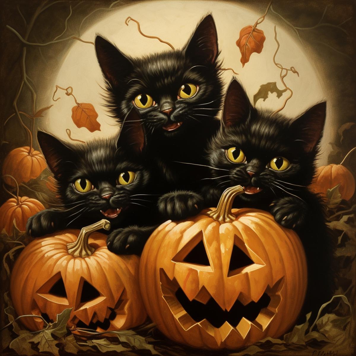Grinning jack-o-lanterns and dark cats in vintage Halloween art style