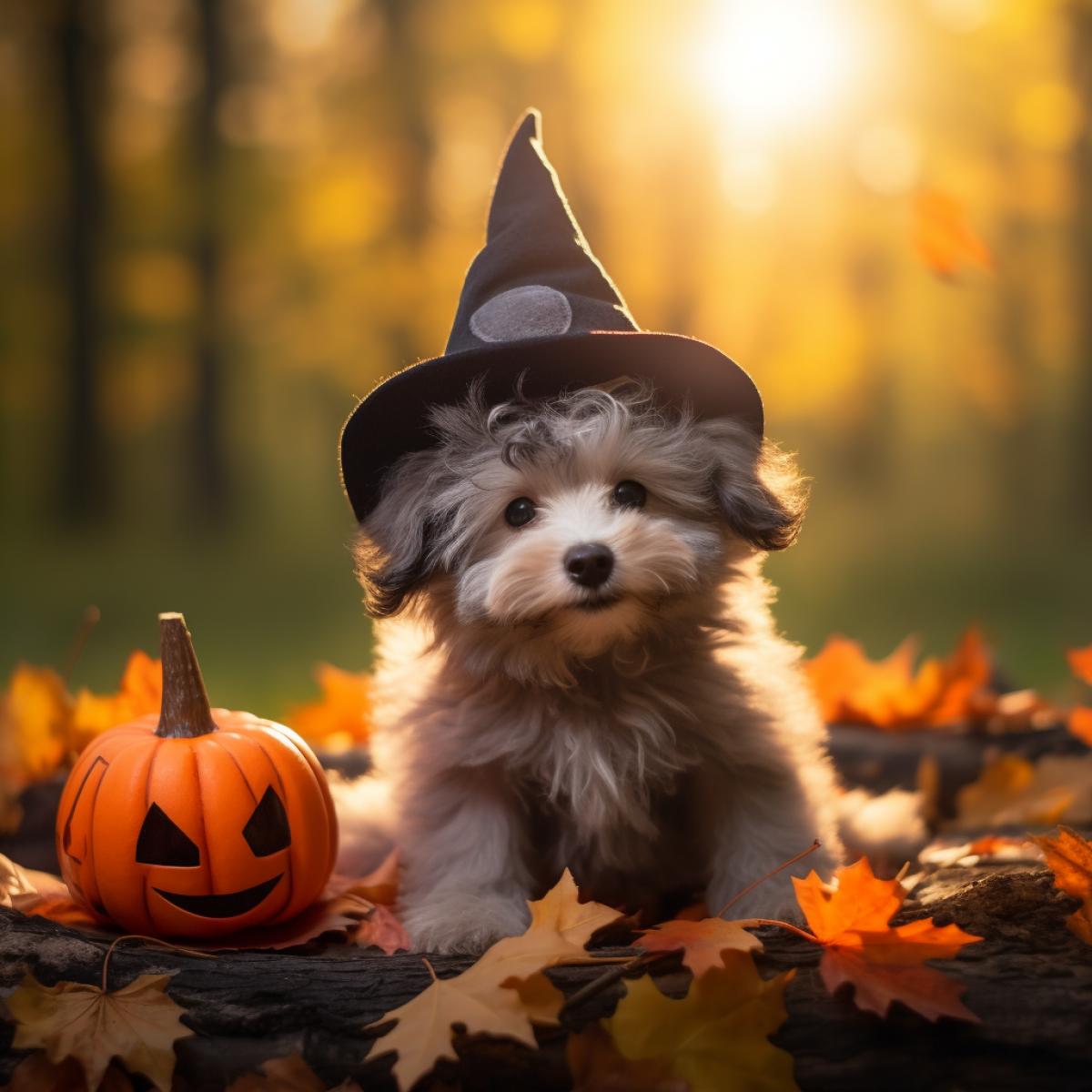 Cute and adorable fluffy puppy wearing a witch hat in a halloween autumn evening forest 🎃