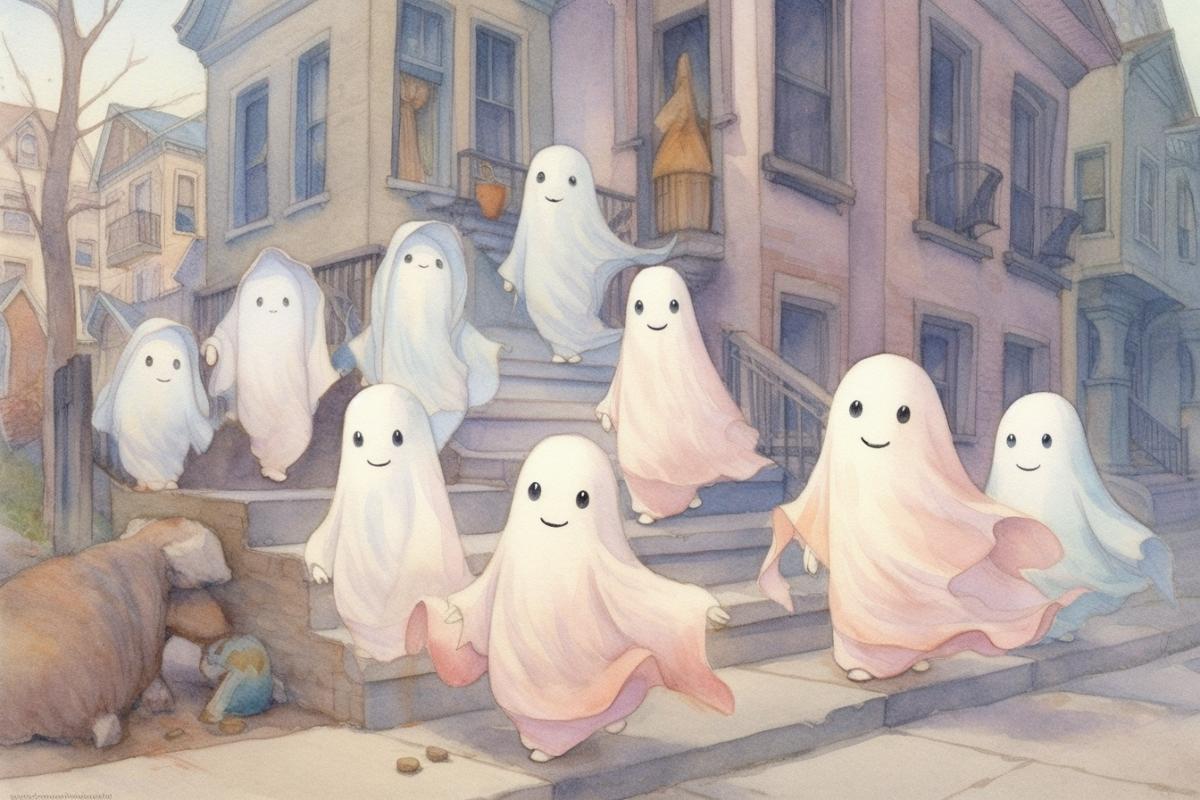 Cute ghosts walk around the village, collecting trick or treat candies