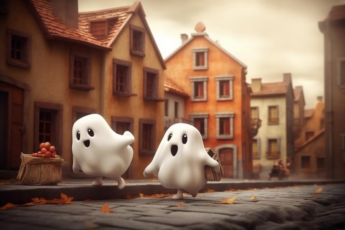 Cute ghosts walk around the village, collecting trick or treat candies