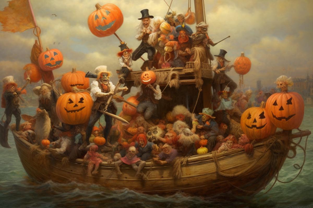 Pirates on a ship celebrate Halloween 👻🎃