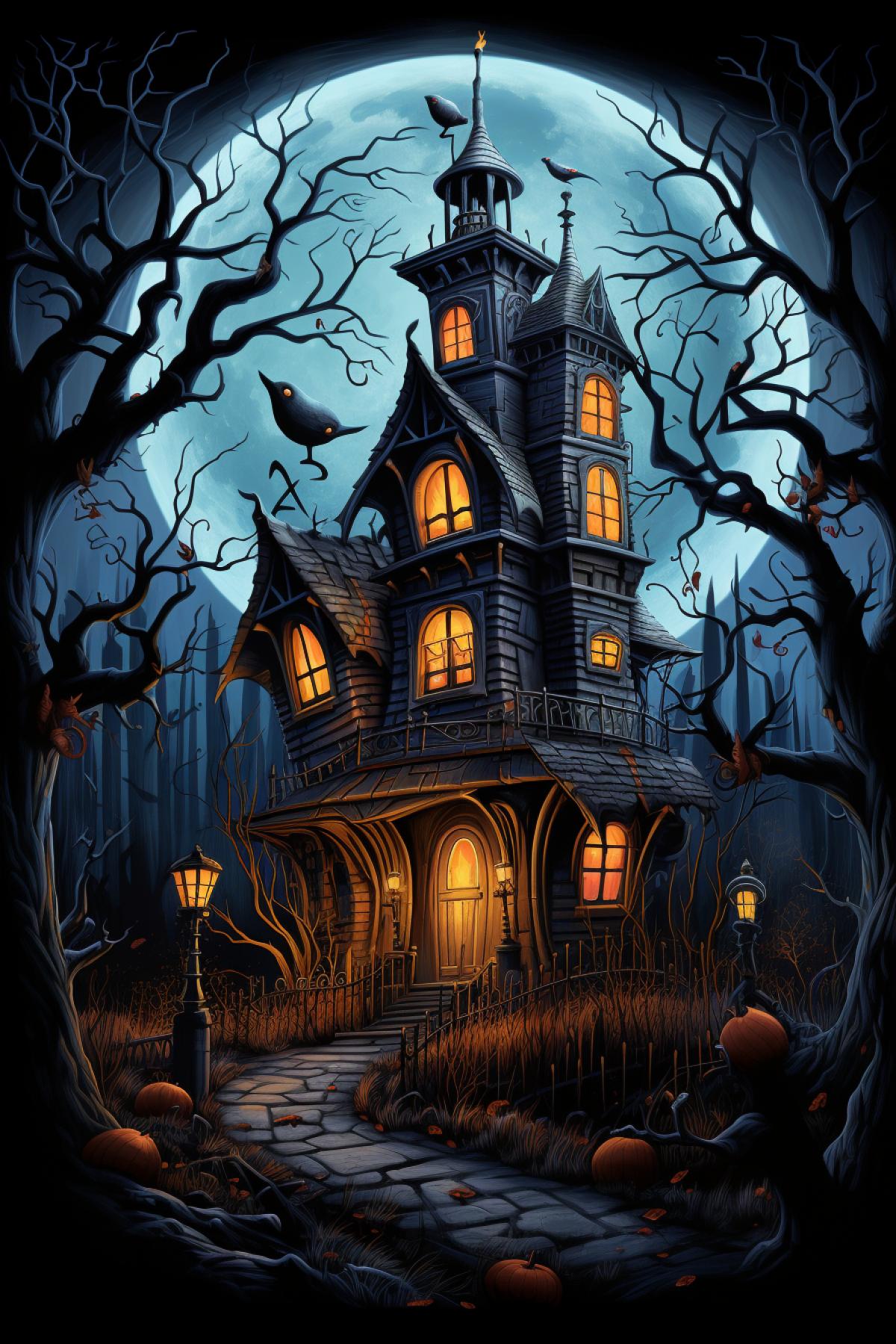 A spooky Halloween scene by Tim Burton, featuring a haunted mansion, full moon, and gnarled trees, characterized by Tim Burtons signature quirky and eerie style. Intricate details, gothic atmosphere, cinematic lighting, and whimsical characters, all in the spirit of Tim Burtons dark fantasy world.