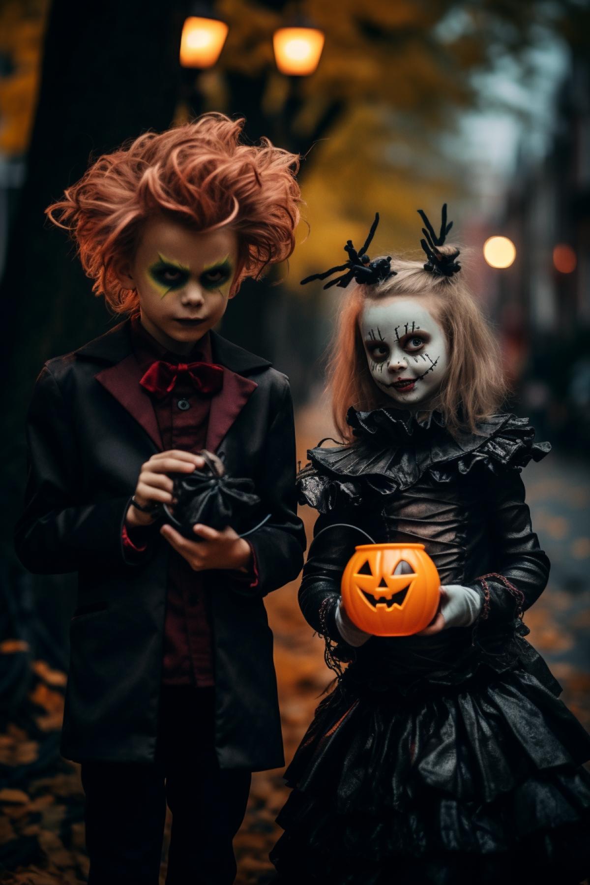 Children in Halloween costumes, trick-or-treating in a whimsical, Tim Burton-inspired world. The scene is filled with eerie but colorful details, like crooked, glowing pumpkins, eerie moonlight, and playful, spooky creatures. The childrens costumes are a mix of spooky and cute, with exaggerated features and expressions. The overall mood is both festive and slightly eerie, capturing the unique charm of Halloween in the style of Tim Burton.