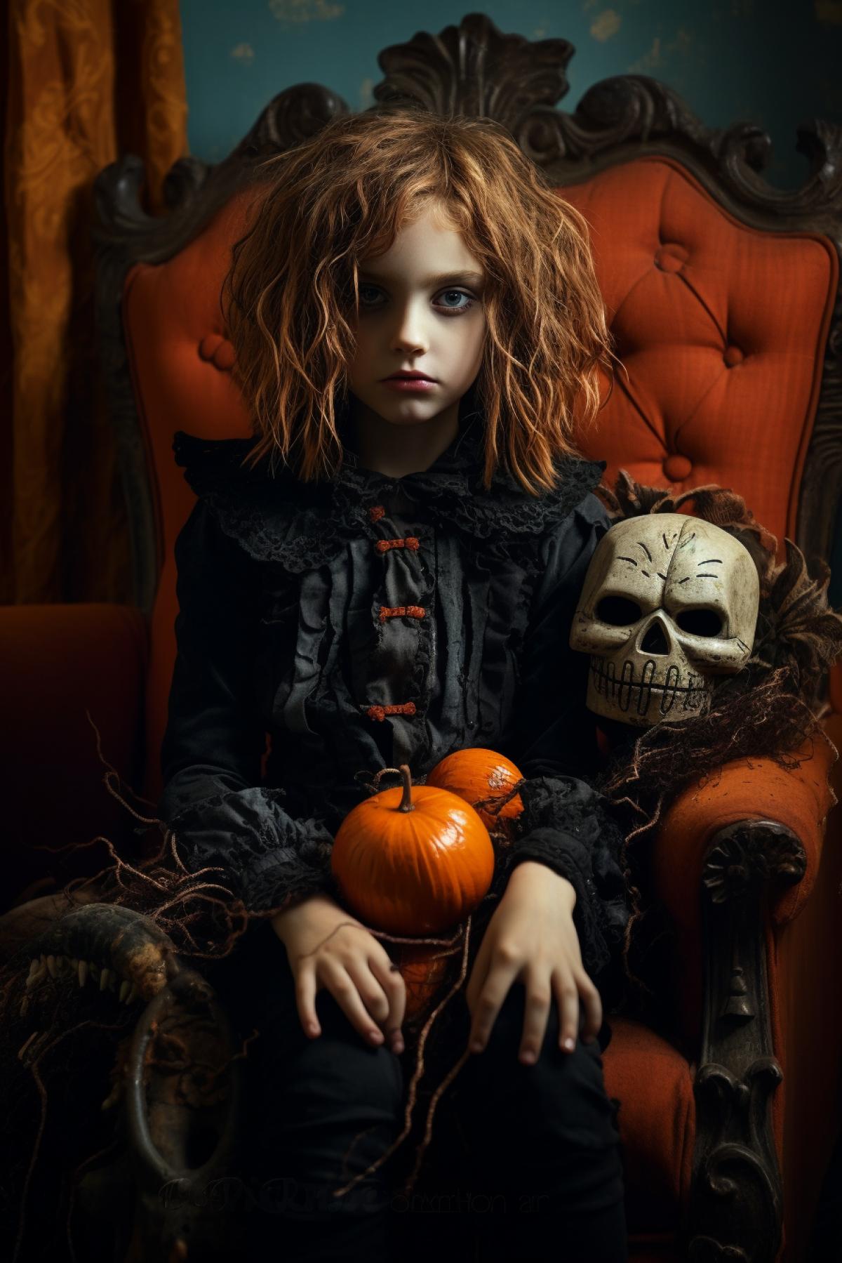 Children in Halloween costumes, gathered in a cozy, warmly lit room, with Jack-o-lanterns and spooky decorations, celebrating the holiday with a mix of excitement and curiosity, evoking the whimsical style of Tim Burton.