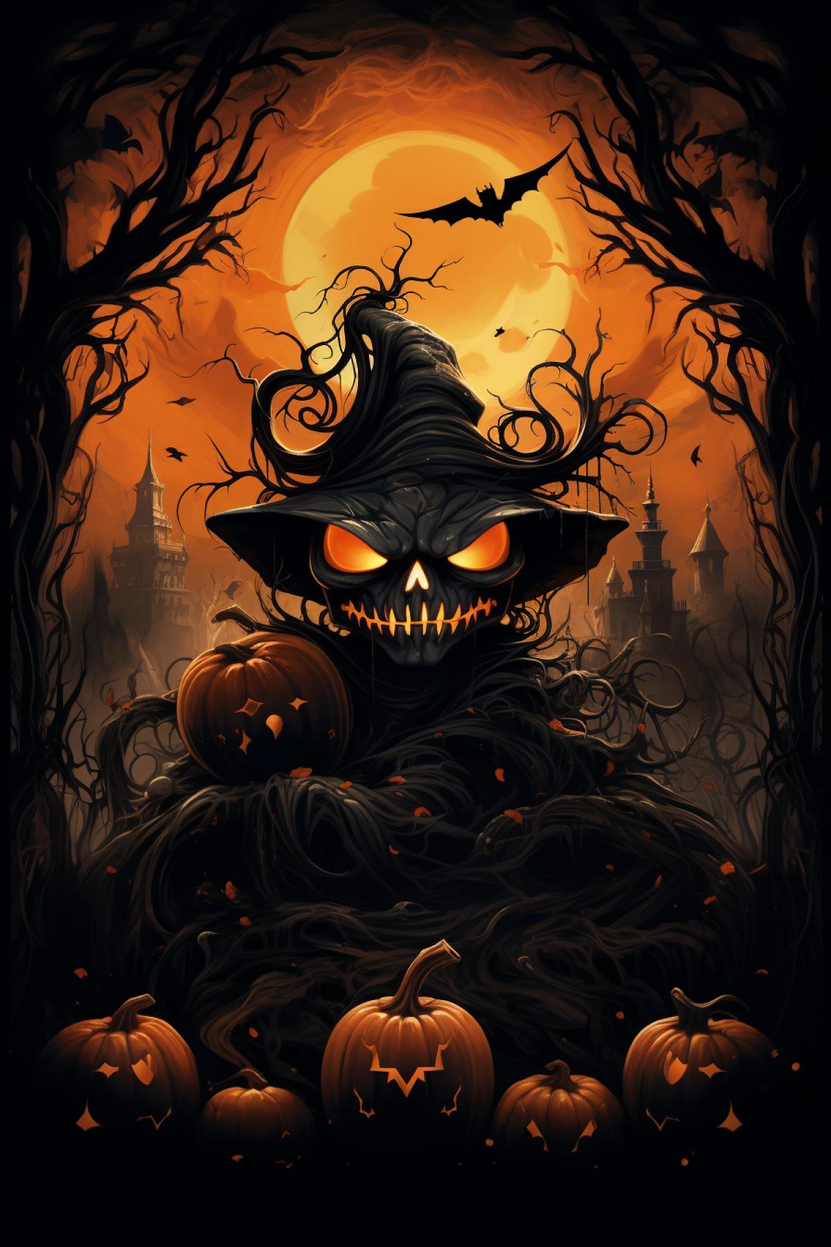 Create a haunting Halloween scene, where darkness and beauty intertwine. Choose a deep, rich color palette with prominent darks, eerie purples, and fiery oranges. To convey this unique blend of emotions, draw inspiration from the style of Salvador Dali.