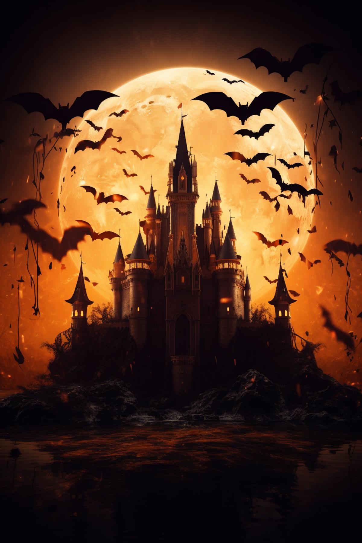 Create a surreal orange double exposure photo of a jack-o-lantern and a flight of bats over night castle. The background should be minimalistic and dark