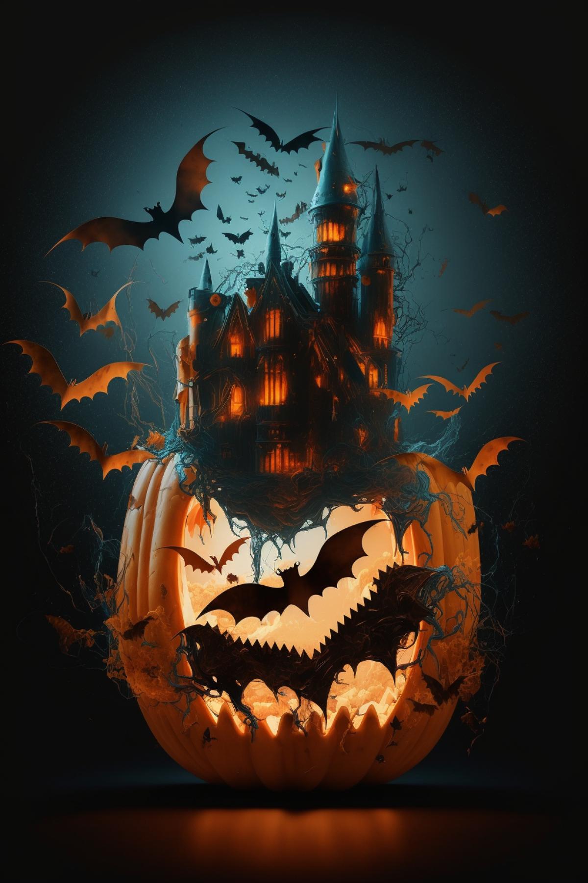 Create a surreal orange double exposure photo of a jack-o-lantern and a flight of bats over night castle. The background should be minimalistic and dark