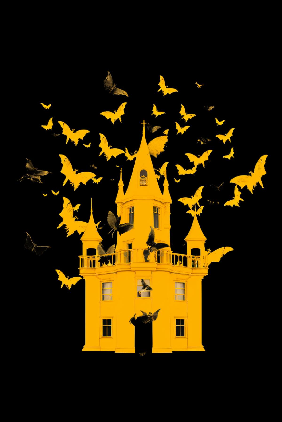 Create a surreal orange double exposure photo of a jack-o-lantern and a flight of bats over night castle. The background should be minimalistic and dark, Tim Burton style