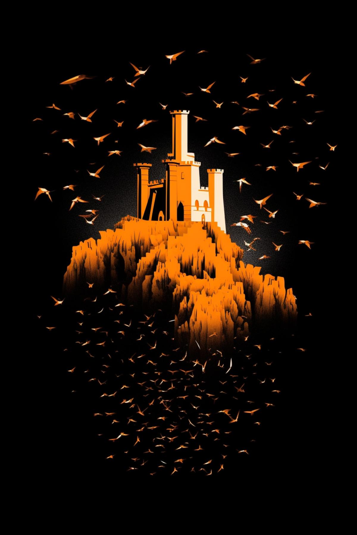 Create a surreal orange double exposure photo of a jack-o-lantern and a flight of bats over night castle. The background should be minimalistic and dark, Tim Burton style