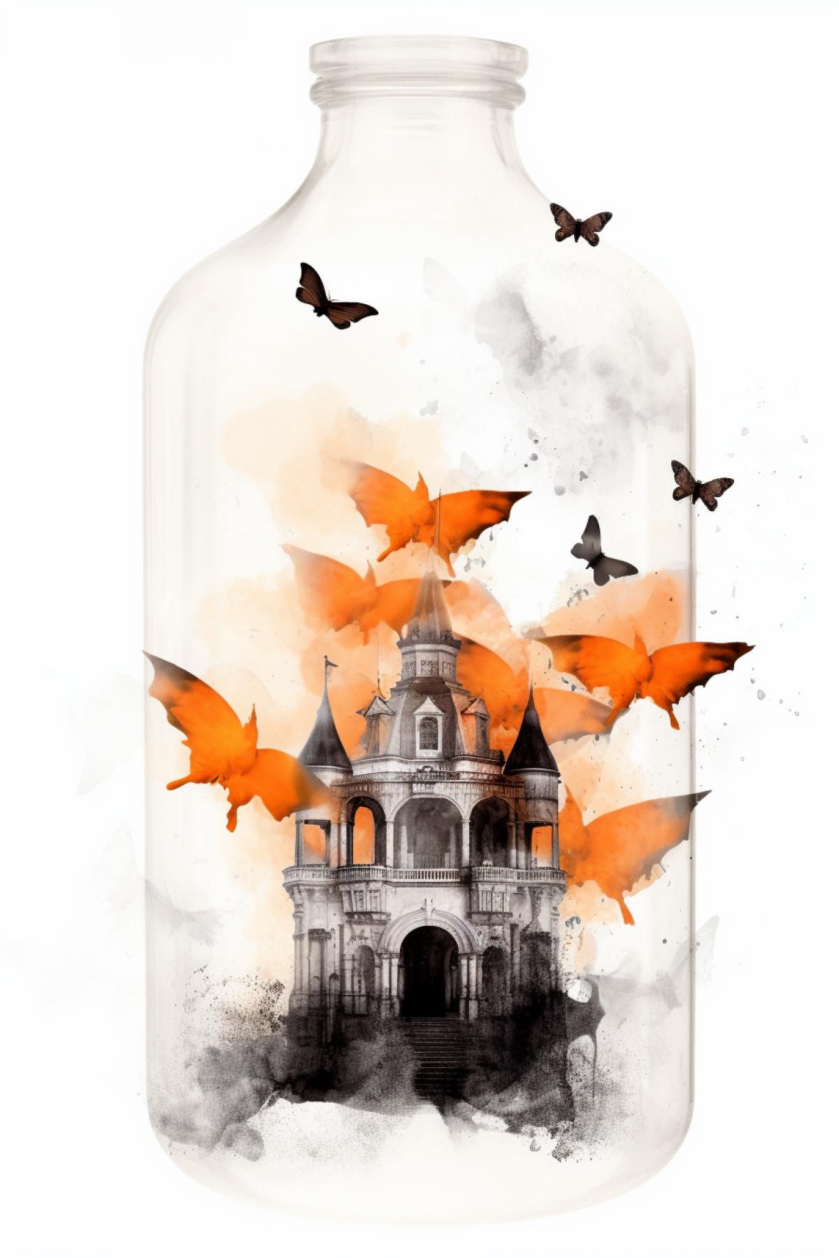 Create a surreal orange double exposure photo of a jack-o-lantern and a flight of bats over night castle. The background should be minimalistic and dark, Tim Burton style