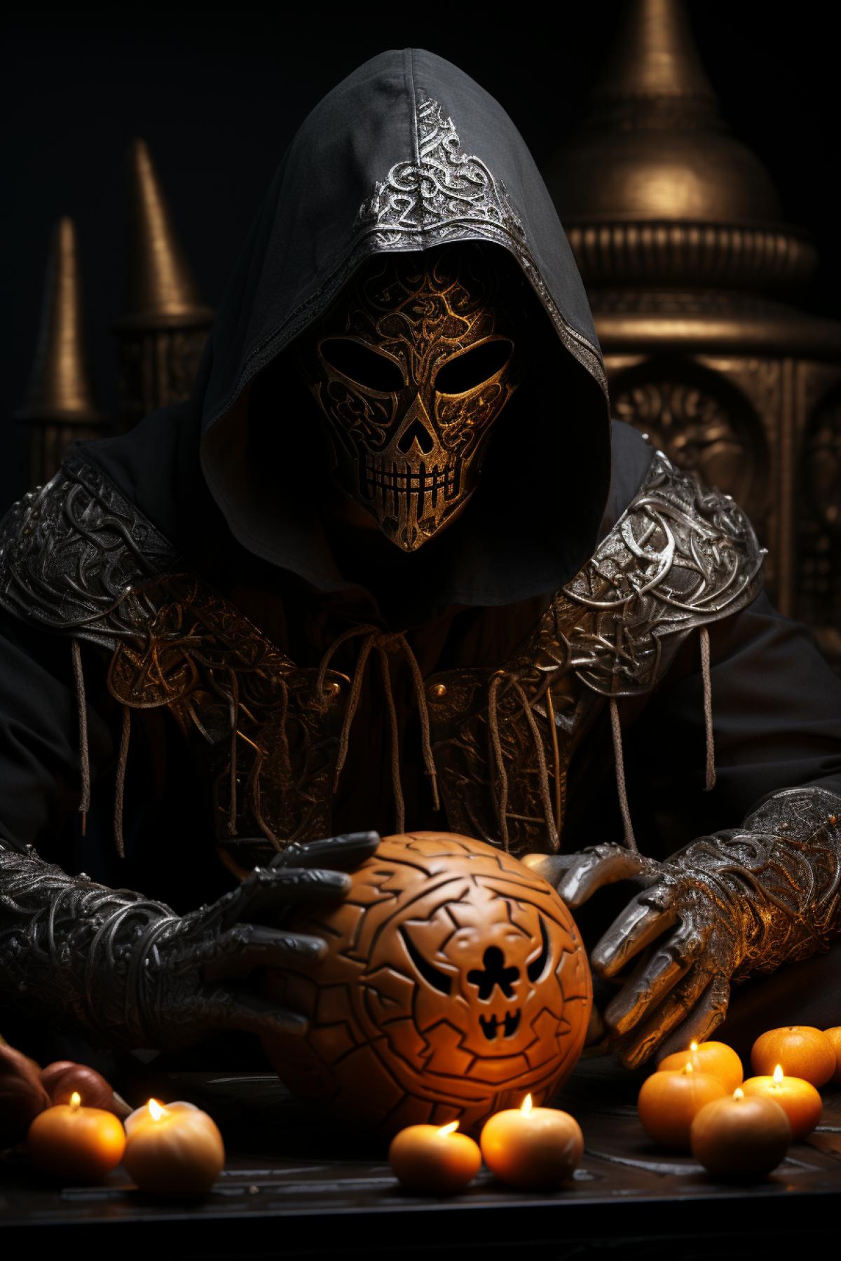 A man in a dark hood carves a pumpkin for Halloween. Photo made in the style of the movie Sin City