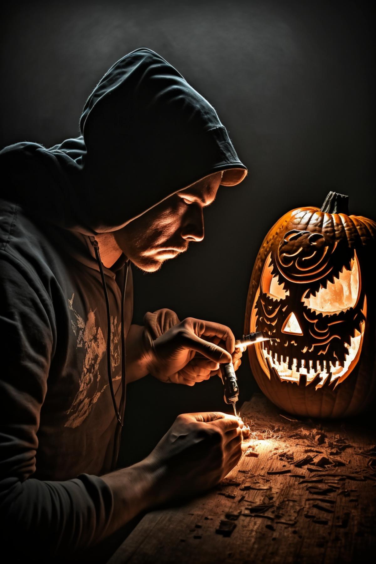 A man in a dark hood carves a pumpkin for Halloween. Photo made in the style of the movie Sin City