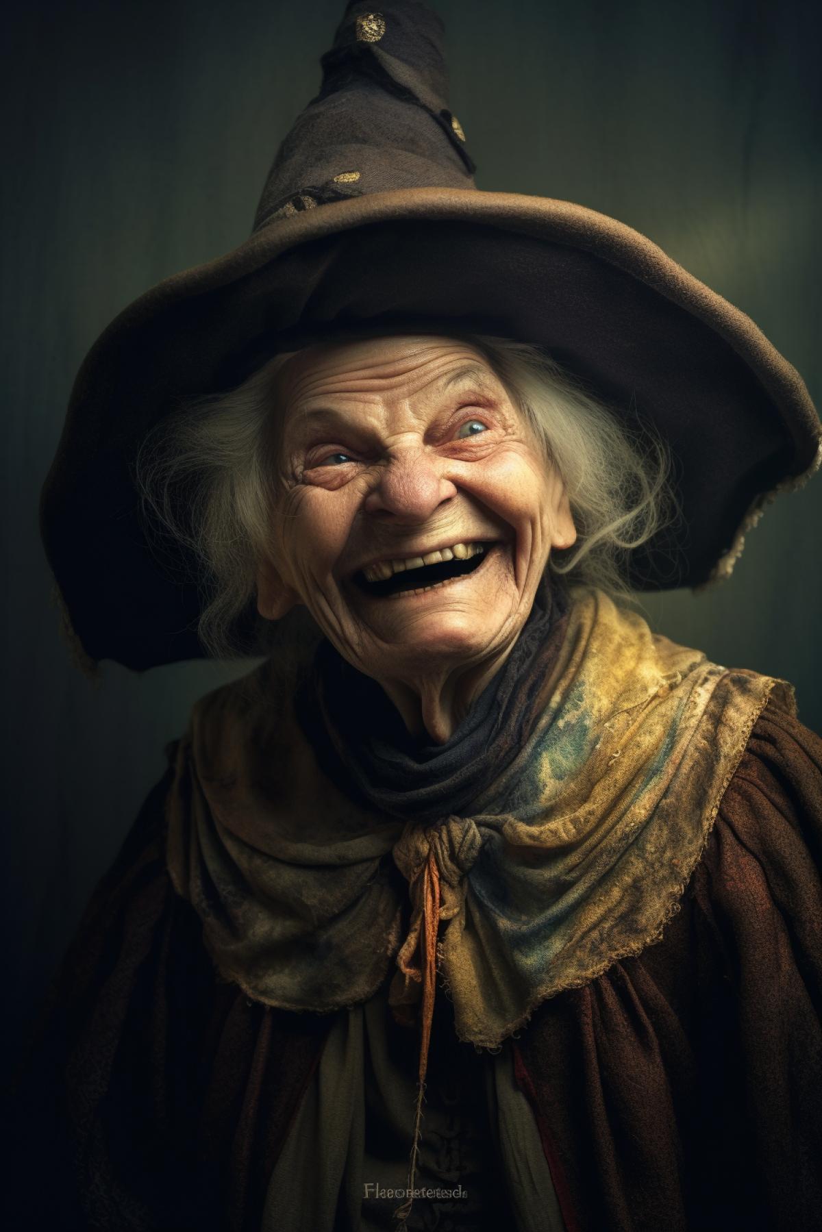 An old witch who smiles and laughs, portrait, light background