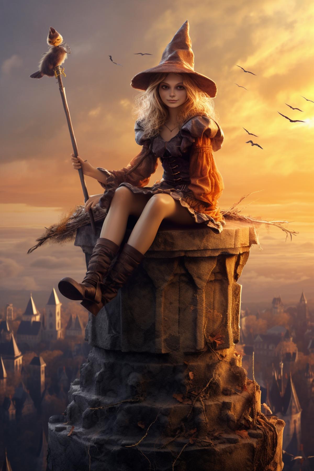 cute witch sits with a broom on the roof of an ancient castle