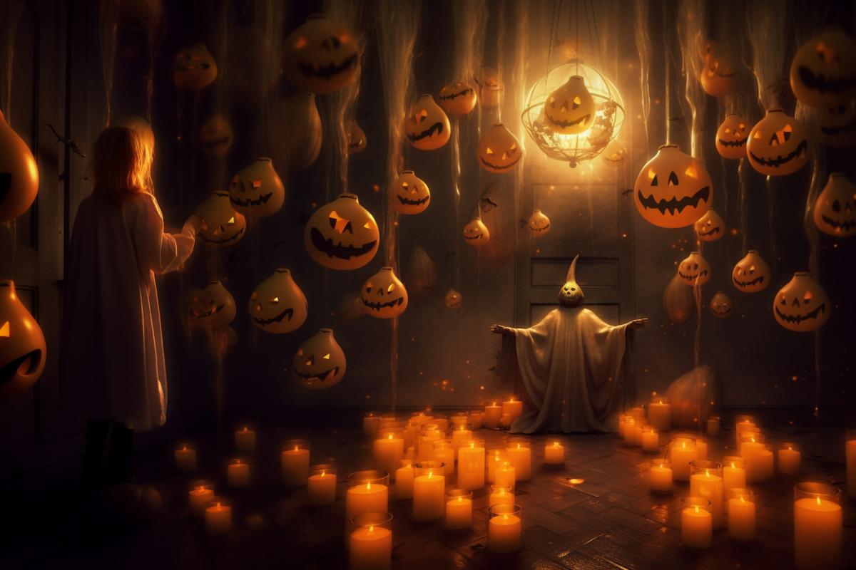 Halloween, Another dimension, many funny ghosts, flying candles, flying pumpkins, bright and rich colors, photography