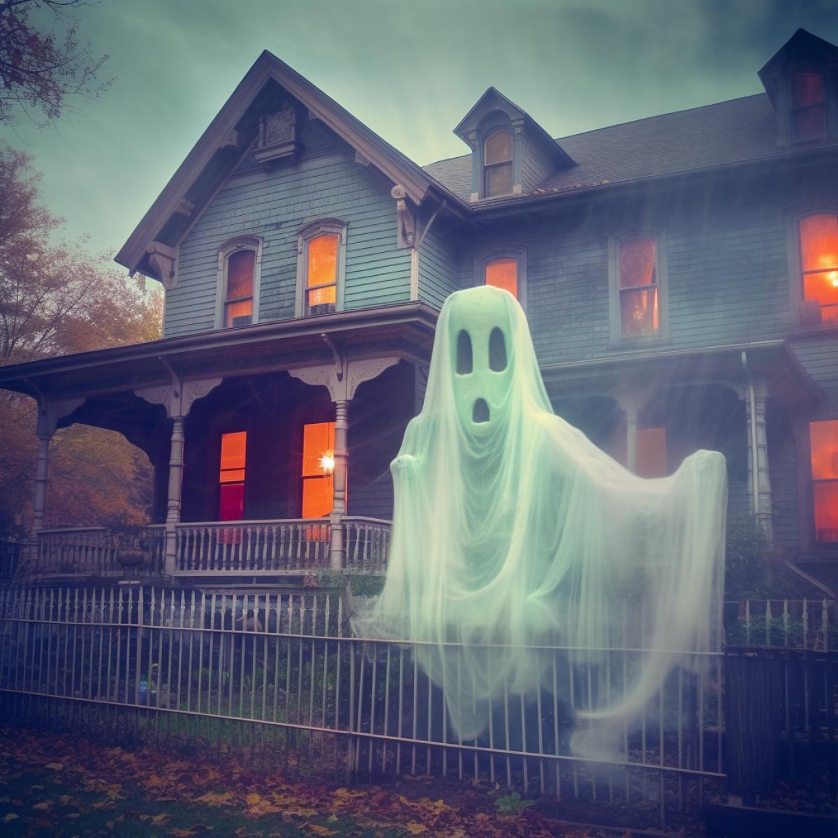 Halloween, casper ghost, big old house, bright colors, photography