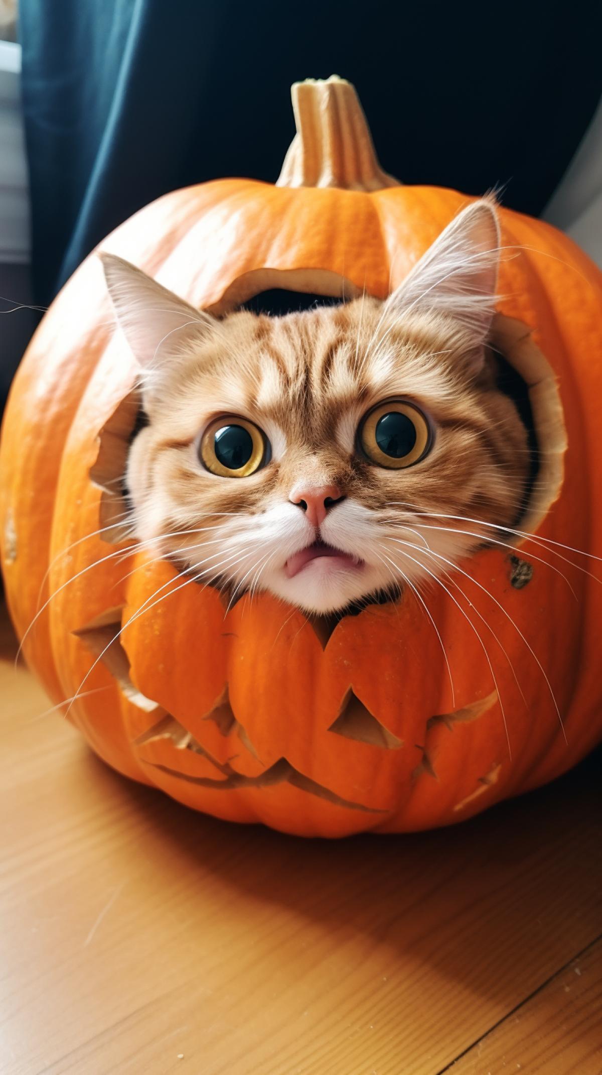 A cat stuck its head in a pumpkin, with eye holes cut in the pumpkin.