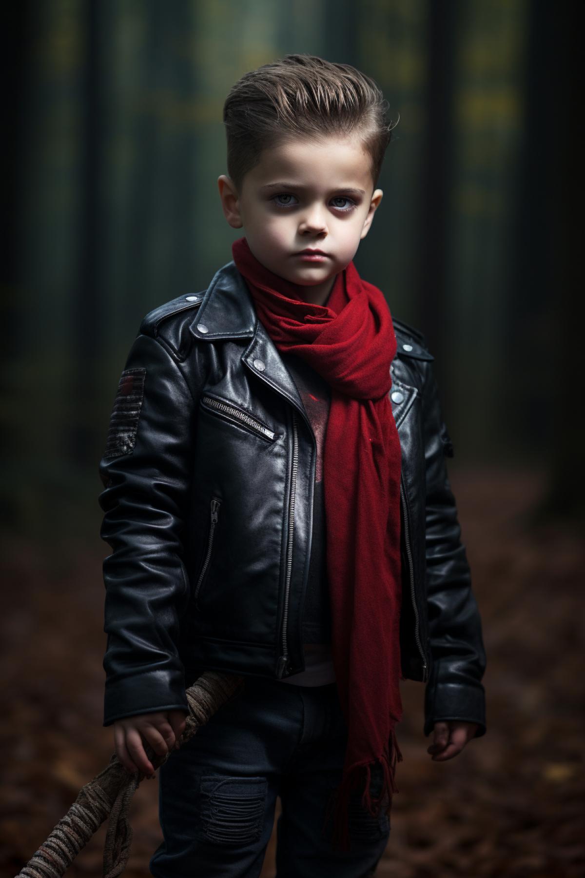 A child dressed as Negan from The Walking Dead for Halloween in a biker jacket with a red scarf with a baseball bat on his shoulder, background night forest