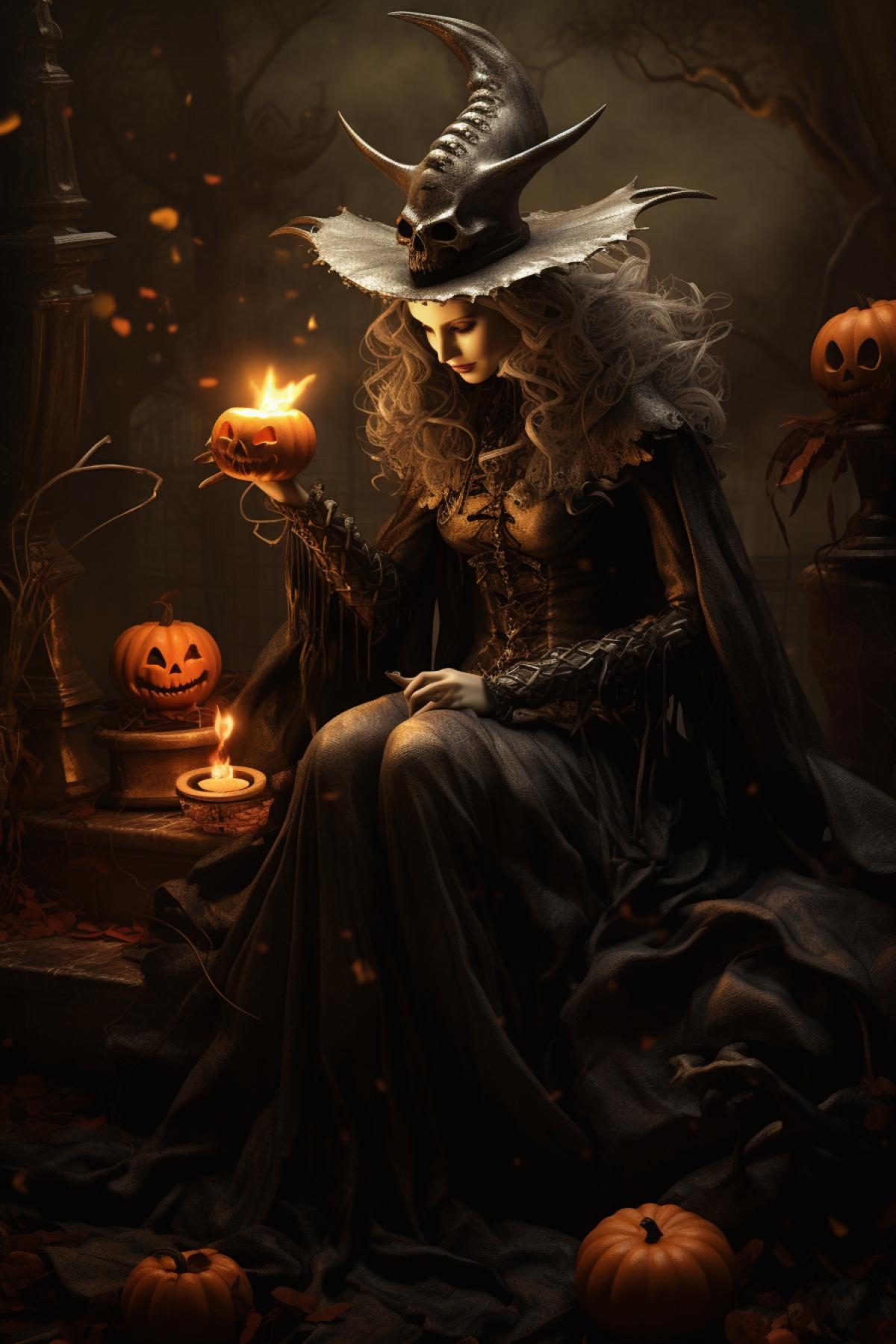The witch calls the devil with a spell on Halloween night