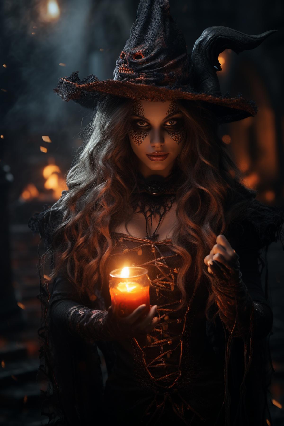 The witch calls the devil with a spell on Halloween night