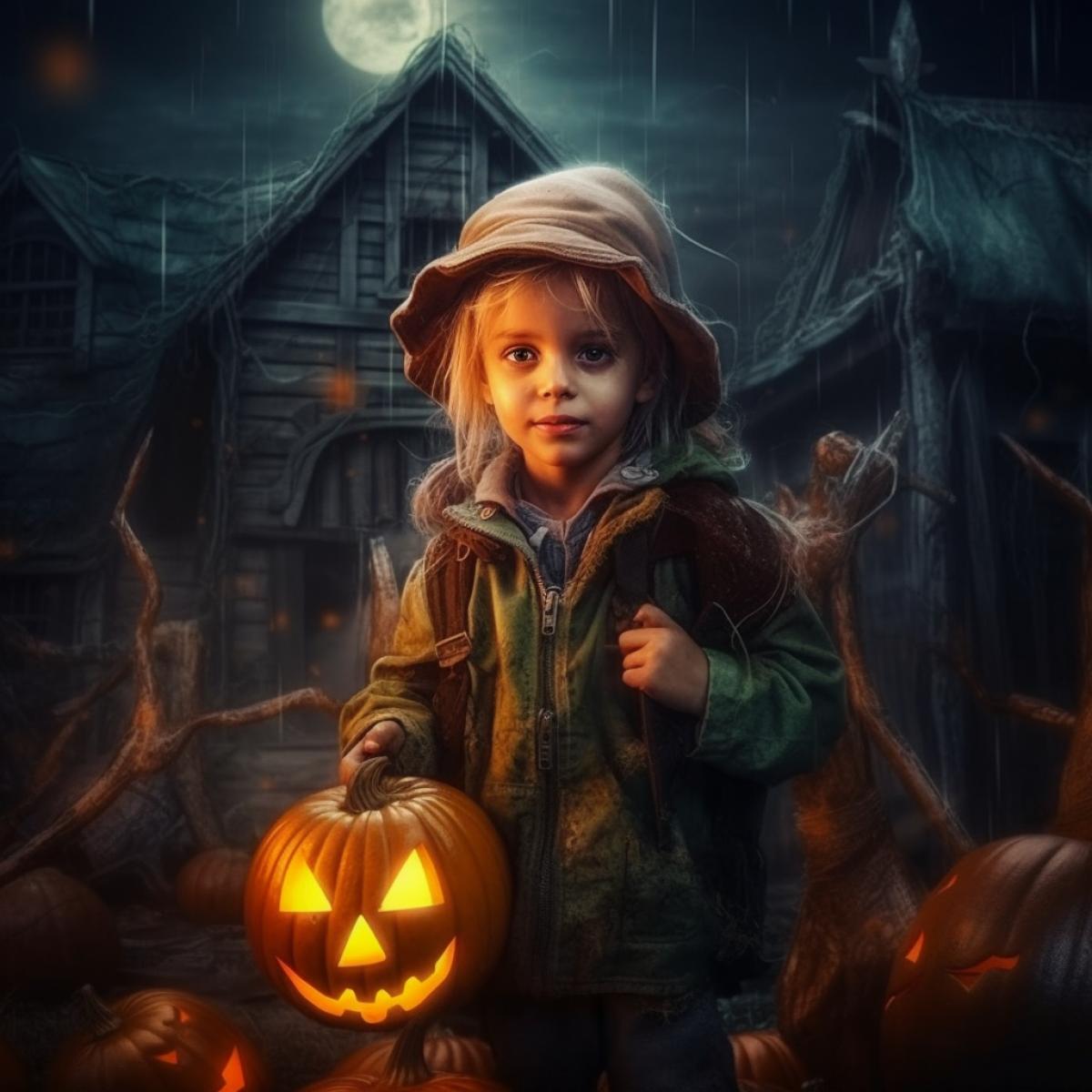 cute little boy in a zombie costume and makeup, with a pumpkin lantern in his hands, against the backdrop of a scary witchs hut