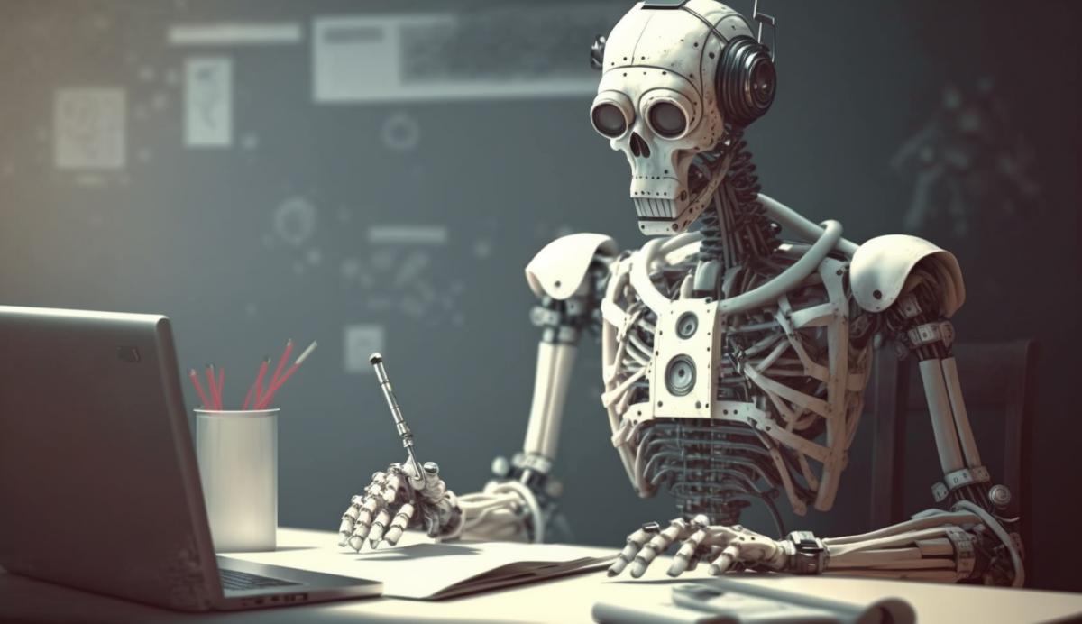 Robot sits at a desk and listens to a lecture on medicine