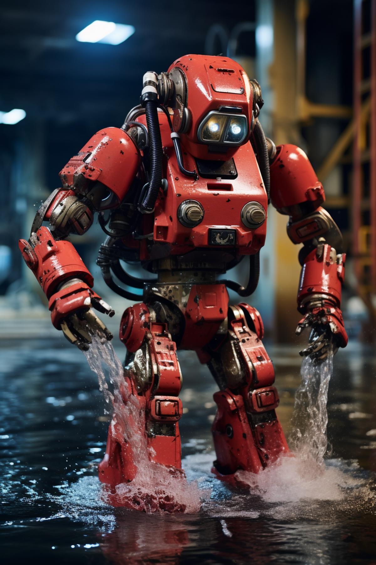 Super high-tech glossy red robot firefighter extinguishes fire with high water pressure