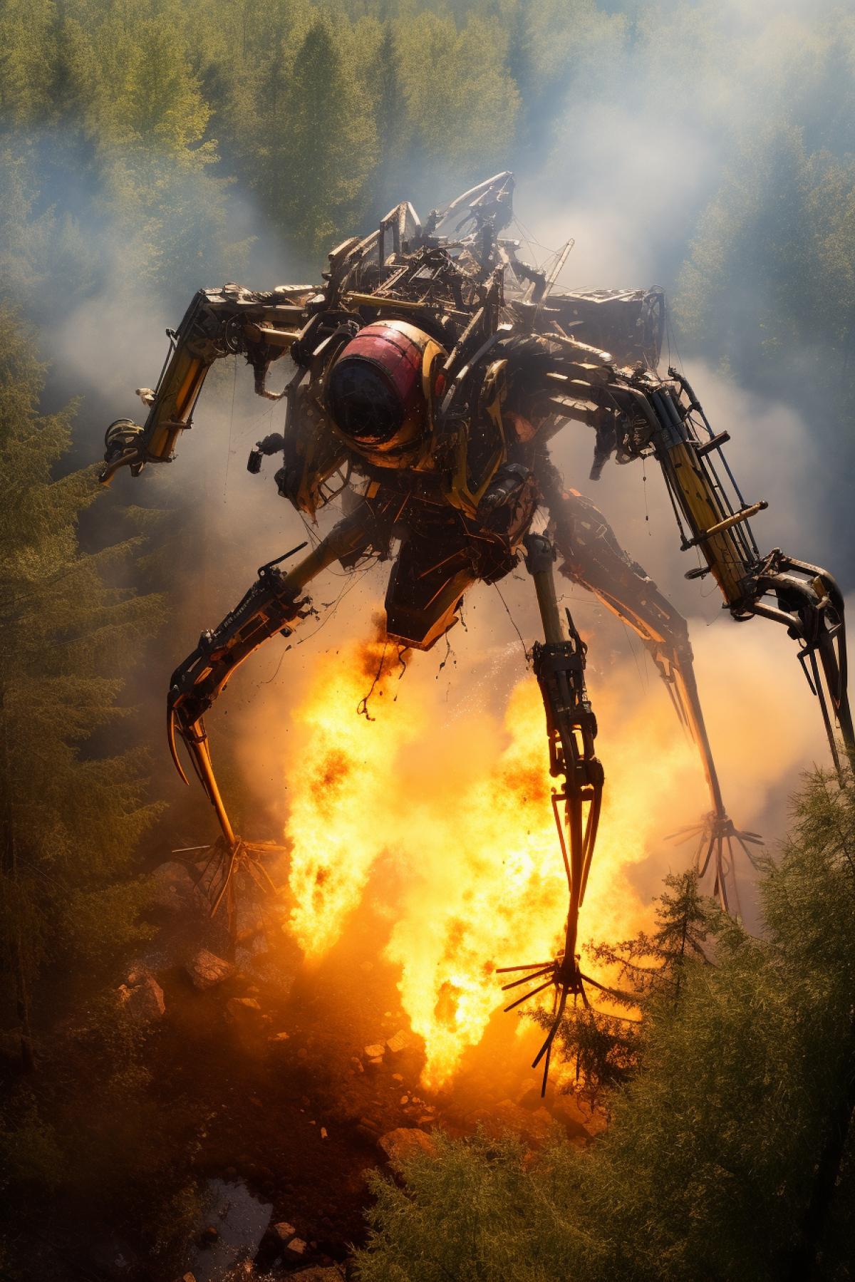 Giant arachnid robot firefighter extinguishes a forest fire, photo from above
