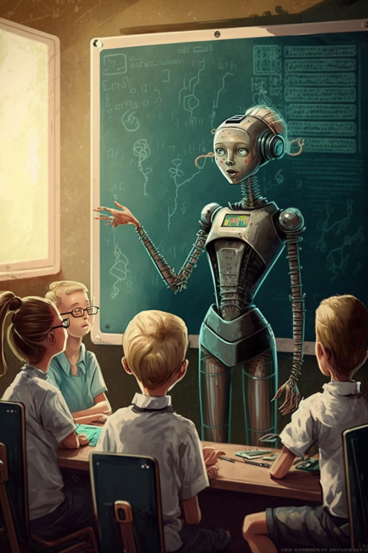 Robot teacher at the darkboard in the classroom teaches cyborgs mercy