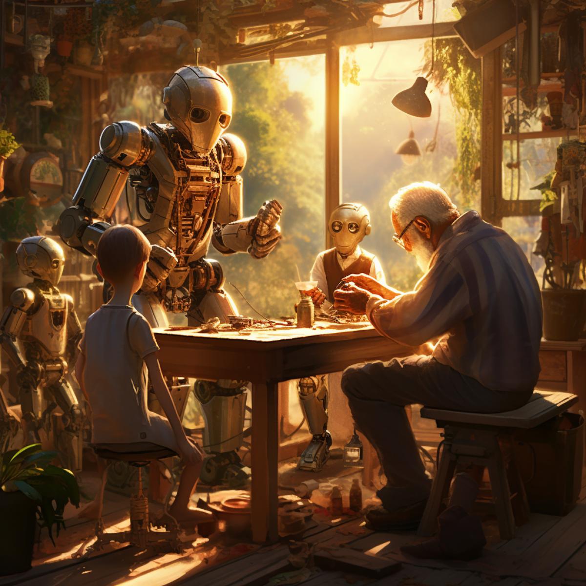 A quaint countryside workshop bathed in warm, golden sunlight. A kindly, elderly robot in overalls, teaching a group of young, curious robots traditional craftsmanship. The rustic surroundings contrast with the advanced knowledge being shared. A heartwarming fusion of tradition and technology.