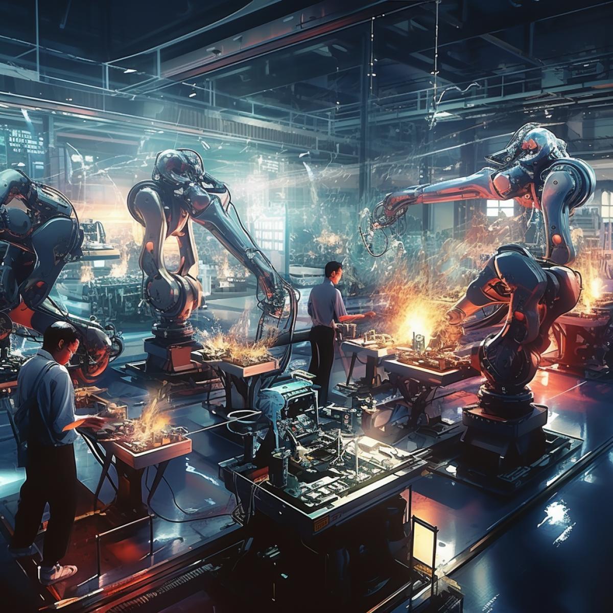 A futuristic factory floor with robots as the workforce. Each robot dedicated to a different job assembly, welding, quality control. Their synchronized movements create a mesmerizing display of efficiency and precision. A symphony of robotic labor.