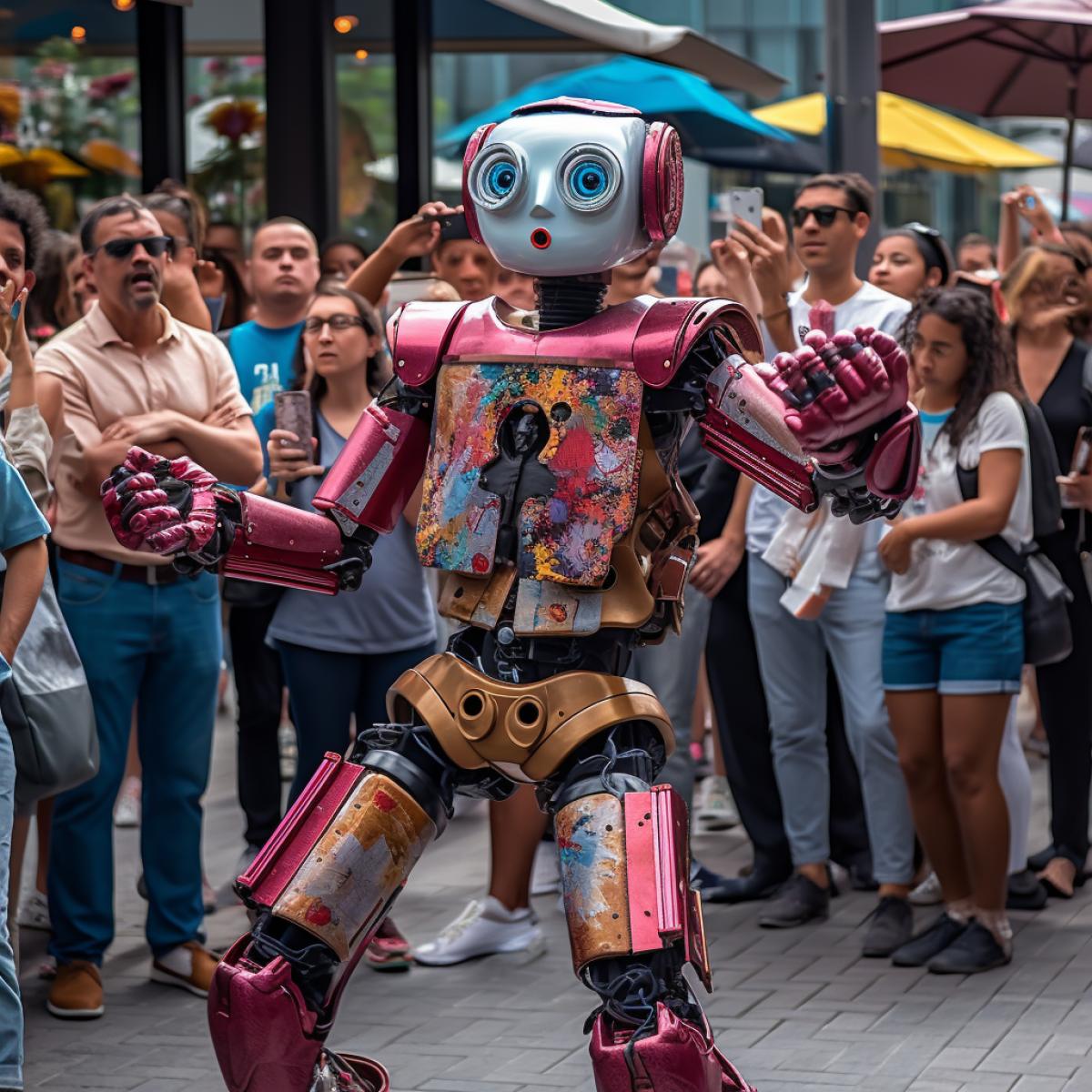 In a bustling metropolis, a robot street performer captivating a diverse crowd. The robot, dressed in colorful attire, shows off impressive dance moves. People of all ages watching in awe. A fusion of technology and entertainment.